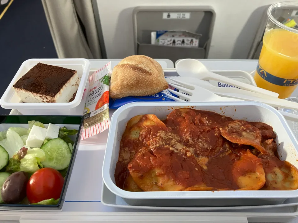 機内のトレーに載ったパスタ、サラダ、パンとデザート